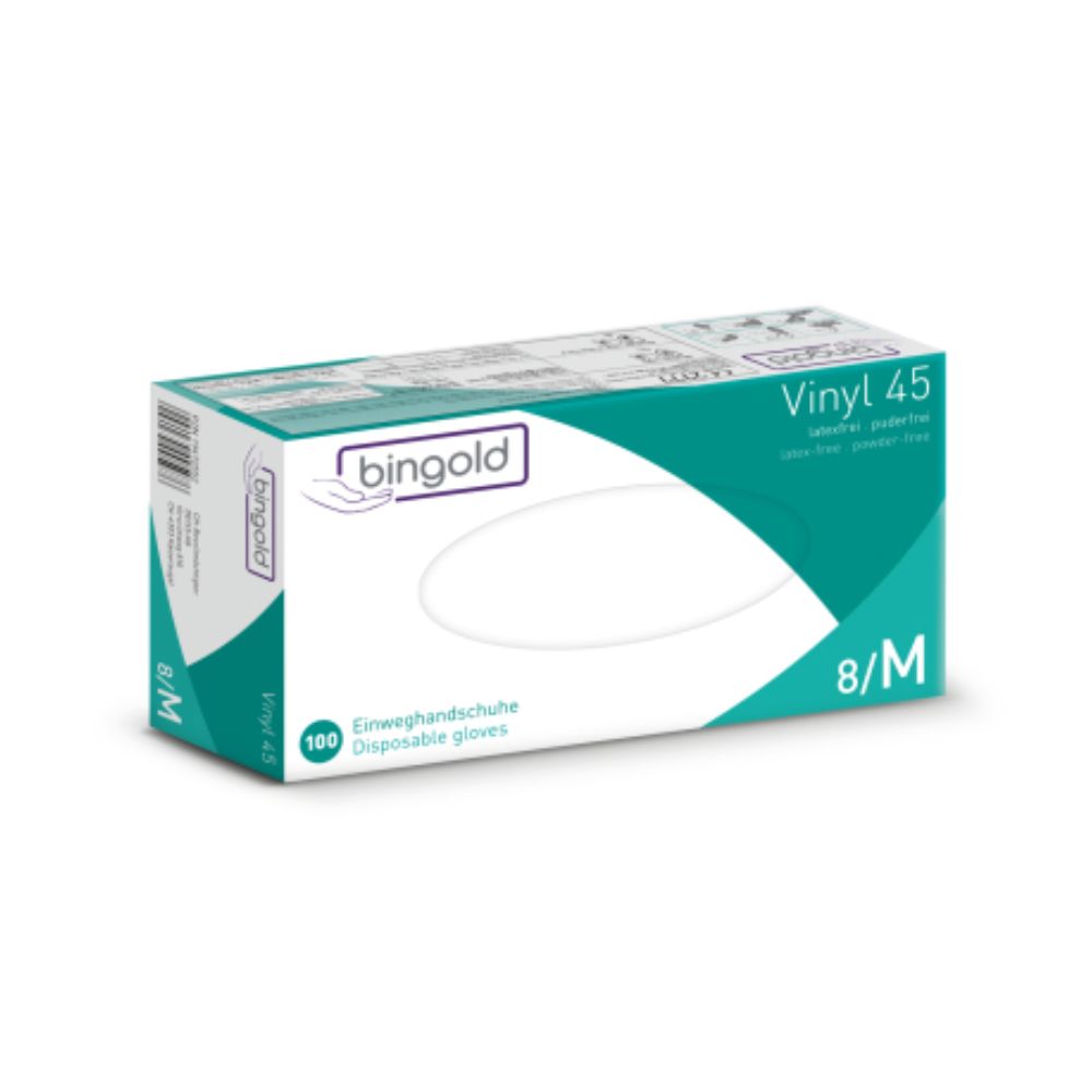 A embalagem das luvas descartáveis Bingold Vinyl 45 em verde e branco apresenta a inscrição "sem pó", "sem látex" e "8/M". Ela contém 100 luvas e é marcada com a marca da BINGOLD GmbH + Co. KG e a classe de proteção CAT III para garantir a segurança.