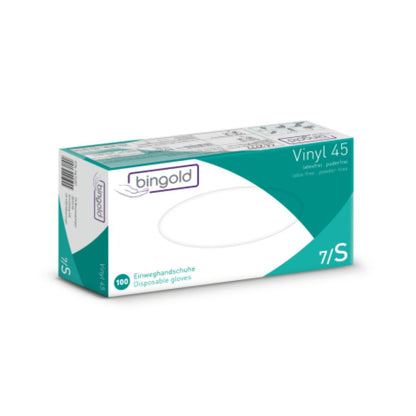 Imagem de uma caixa predominantemente branca com acentos verdes e a inscrição "Bingold Vinyl 45 Luvas descartáveis". A caixa da BINGOLD GmbH + Co. KG contém 100 luvas descartáveis sem pó do tamanho 7/S e é marcada como CLASSE DE PROTEÇÃO CAT III.