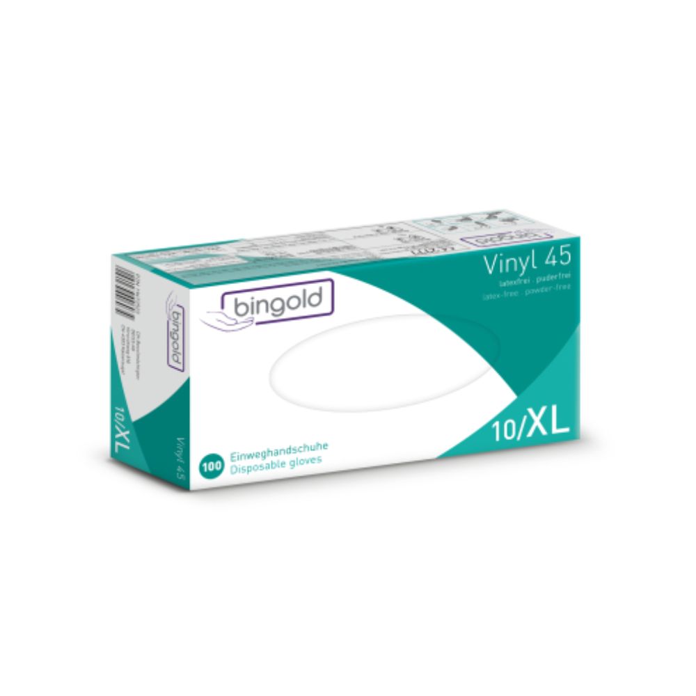 Luvas descartáveis Bingold Vinyl 45 da BINGOLD GmbH + Co. KG estão disponíveis no tamanho 10/XL e são embaladas em uma caixa branca com acentos verdes e violetas, bem como detalhes do produto em inglês e alemão. A caixa contém 100 luvas transparentes, sem látex e sem pó da classe de proteção CAT III.