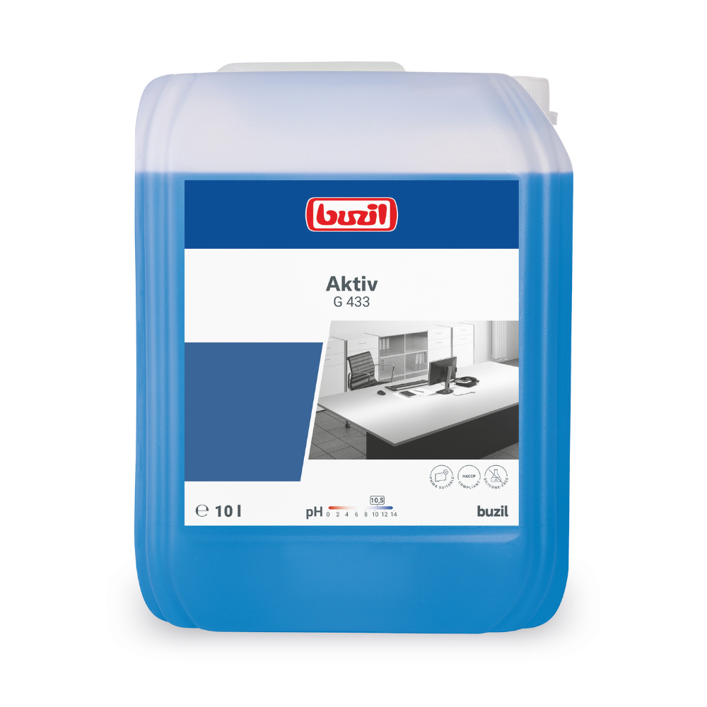 No recipiente de 10 litros do Buzil Aktiv G 433 Detergente Universal Suave, há um líquido azul que é suave para as superfícies. No rótulo branco e azul, estão o logotipo da marca BUZIL-WERK Wagner GmbH & Co. KG, bem como informações sobre o produto.