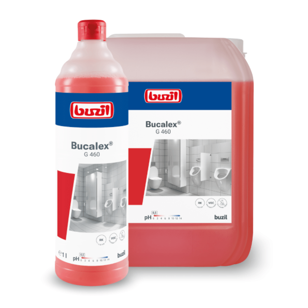 Uma garrafa grande e um recipiente com Buzil Bucalex® G 460 Limpador Sanitário Viscoso, um produto de limpeza da BUZIL-WERK Wagner GmbH & Co. KG. O rótulo destaca a fórmula do ácido fosfórico e contém uma imagem que mostra um banheiro com azulejos e acessórios. O líquido vermelho no interior contém informações sobre o valor do pH e vários detalhes do produto.