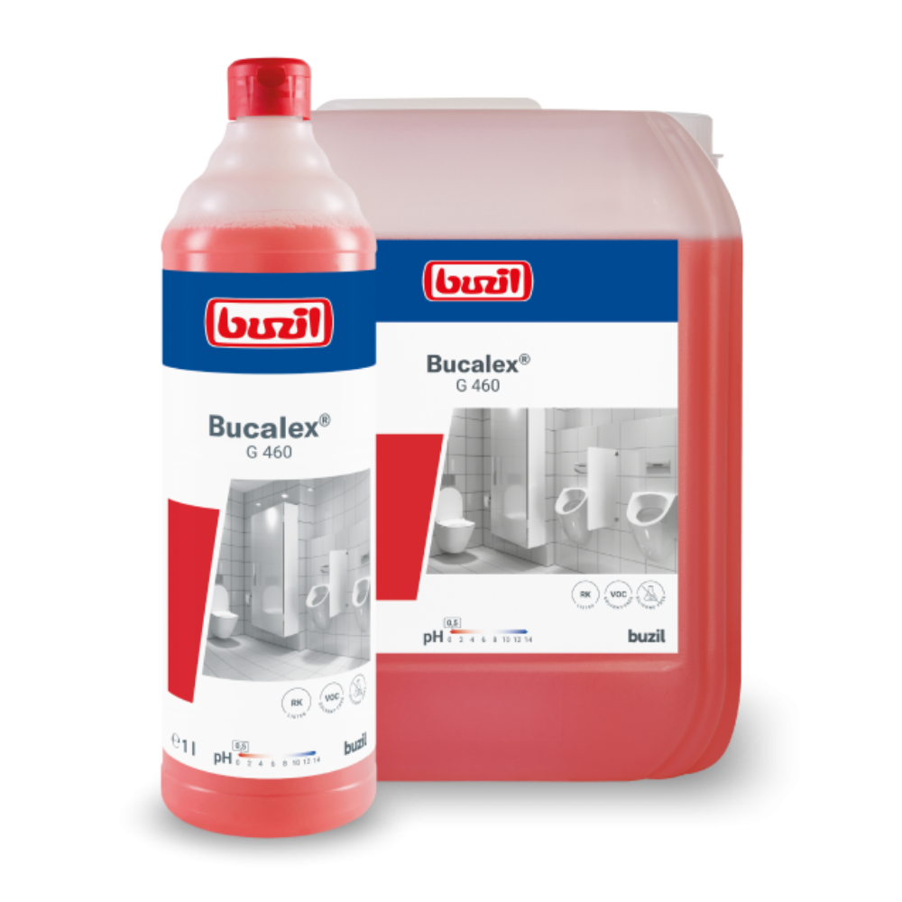 Eine große Flasche und ein Behälter mit Buzil Bucalex® G 460 Viskoser Sanitärreiniger, einem Reinigungsprodukt der BUZIL-WERK Wagner GmbH & Co. KG. Das Etikett betont die Phosphorsäureformel und enthält ein Bild, das ein Badezimmer mit Fliesen und Armaturen zeigt. Die rote Flüssigkeit im Inneren enthält Angaben zum pH-Wert und verschiedene Produktdetails.