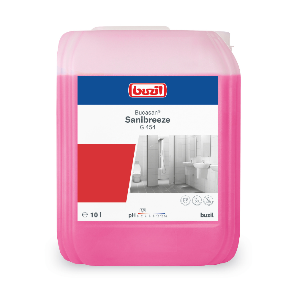 Um recipiente rosa de 10 litros com Buzil Bucasan® Sanibreeze G 454 limpador de manutenção sanitária, fabricado pela BUZIL-WERK Wagner GmbH & Co. KG, possui um rótulo que mostra o logotipo da marca, o nome do produto e uma imagem de casa de banho. Destaca sua capacidade de remover depósitos de calcário e manter as superfícies impecáveis graças à sua fórmula à base de ácido cítrico com bloqueador de odores.