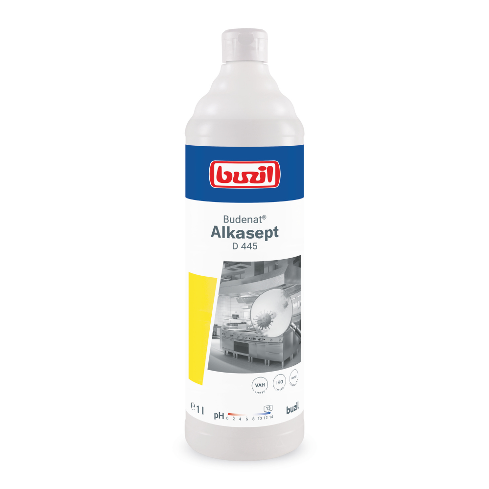 Uma garrafa branca com a inscrição "Buzil Budenat® Alkasept D 445 Desinfetante Alcalino" da BUZIL-WERK Wagner GmbH & Co. KG está marcada com um logotipo azul e vermelho. É projetada para superfícies resistentes a álcalis e contém no rótulo uma imagem de máquina em preto e branco, a marcação "1 Litro", bem como símbolos de pH e certificação – ideal para a limpeza desinfetante na indústria alimentar.