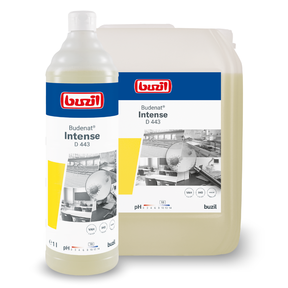 Dois recipientes com produtos de limpeza, uma garrafa de 1 litro e um jarro maior, estão etiquetados com "Buzil Budenat® Intense D 443 Desinfetante de Limpeza de Alta Eficiência" da BUZIL-WERK Wagner GmbH & Co. KG e mostram imagens industriais em preto e branco, bem como um valor de pH. Este desinfetante de limpeza está em conformidade com os padrões do conceito HACCP.