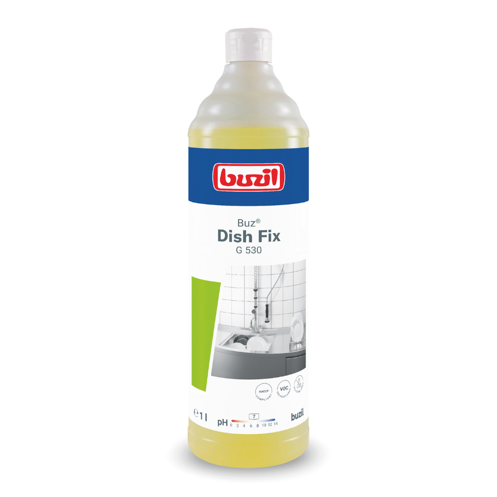 Eine Flasche Buzil Buz® Dish Fix G 530 Handgeschirrspülmittel und Neutralreiniger von BUZIL-WERK Wagner GmbH & Co. KG ist ein leistungsstarkes Reinigungsmittel zum Geschirrspülen von Hand. Die Verpackung ist gelb und hat ein blau-weißes Etikett mit dem Bild einer Spüle, umgeben von Geschirr und akzentuiert mit einem grünen geometrischen Design. Sie enthält 1 Liter dieses hochwirksamen Produkts.