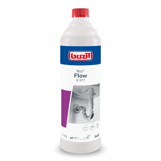 Uma garrafa de 1 litro de Buzil Buz® Flow G 577, desentupidor líquido para canos, fabricado pela BUZIL-WERK Wagner GmbH & Co. KG. O rótulo apresenta um desenho relacionado com instalações sanitárias e o logótipo do produto. A garrafa, predominantemente branca, é realçada por detalhes em vermelho, azul e violeta e está equipada com uma tampa vermelha, que serve para eliminar eficazmente os entupimentos nos esgotos.