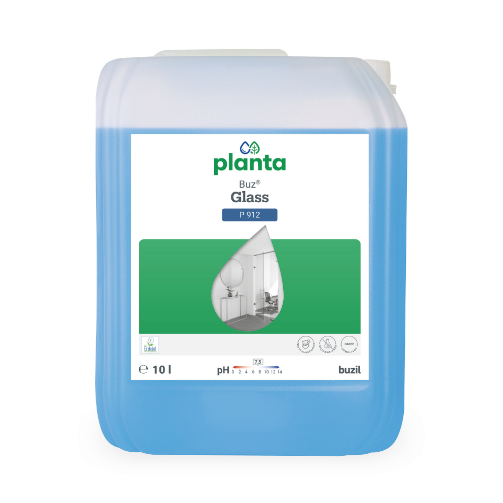 Um recipiente de 10 litros com Buzil Planta Buz® Glass P 912 Limpador Ecológico de Vidros e Superfícies da BUZIL-WERK Wagner GmbH & Co. KG, com líquido azul no interior. O rótulo mostra uma imagem de gota sobre um retângulo verde e contém símbolos que destacam as propriedades eco-certificadas e pH-neutras.