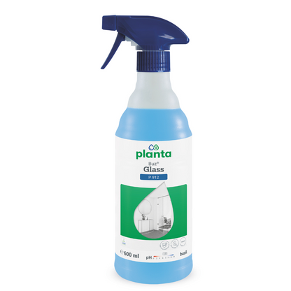 Um frasco de 600 ml de Buzil Planta Buz® Glass P 912 Limpador Ecológico de Vidros e Superfícies da BUZIL-WERK Wagner GmbH & Co. KG com bico de pulverização azul. O rótulo é predominantemente branco com acentos verdes e azuis e mostra uma ilustração de uma superfície de vidro, bem como detalhes do produto, destacando a certificação de ecologia.