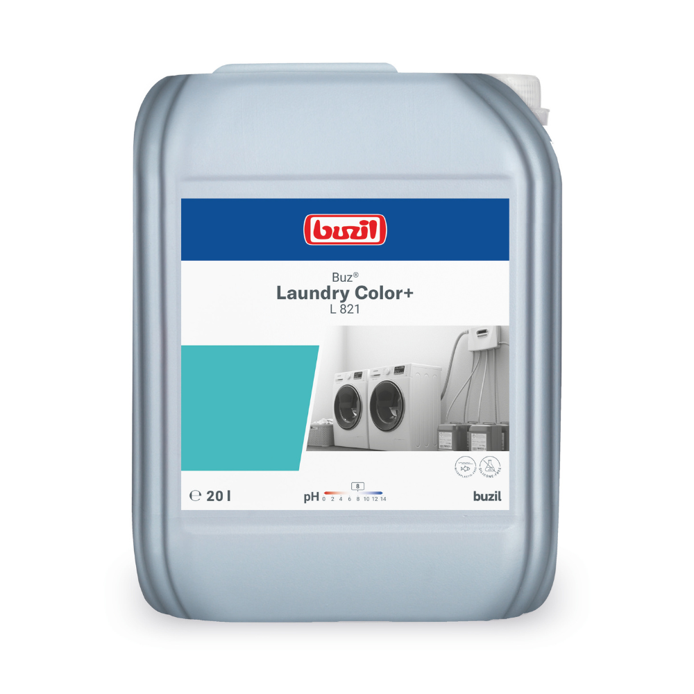 O detergente líquido Buzil Buz® Laundry Color+ L 821, um grande recipiente de plástico cinza, exibe em seu rótulo imagens de máquinas de lavar e de dobragem de roupa. Este detergente de 20 litros é perfeito para têxteis, ideal tanto para roupas coloridas quanto para roupas delicadas. O rótulo também mostra uma escala de pH e, no topo, de forma proeminente, o logotipo da BUZIL-WERK Wagner GmbH & Co. KG.