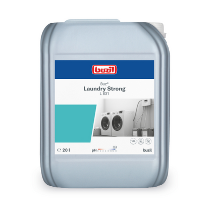 O recipiente de 20 litros do intensificador de lavagem líquido Buzil Buz® Laundry Strong L 831 da BUZIL-WERK Wagner GmbH & Co. KG está equipado com uma etiqueta com motivos de máquinas de lavar e destaca seu poder de limpeza excepcional. A etiqueta na frente contém, além do logotipo da Buzil, informações sobre o valor do pH, garantindo assim uma limpeza poderosa em cada aplicação.