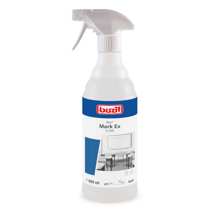 O frasco de spray de 600 ml 'Buzil Buz® Mark Ex G 559 Limpador de Superfícies e Plástico Pronto para Uso' da BUZIL-WERK Wagner GmbH & Co. KG em design azul-vermelho é ideal para a limpeza de quadros brancos e cadeiras. O bico é branco e a garrafa de plástico translúcido torna-a a escolha ideal para tarefas versáteis de limpeza de superfícies.