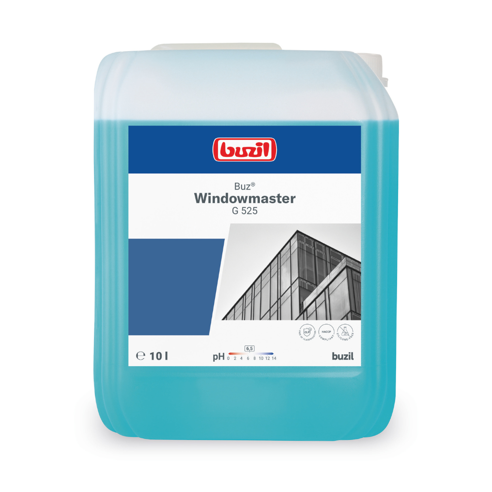 Num recipiente azul de 10 litros com Buzil Buz® Windowmaster G 525 Concentrado de Limpeza de Vidros e Janelas da BUZIL-WERK Wagner GmbH & Co. KG, está uma etiqueta com a imagem de um edifício com janelas de vidro. Além disso, é destacada a fórmula de secagem rápida, com uma indicação de pH em torno de 7.