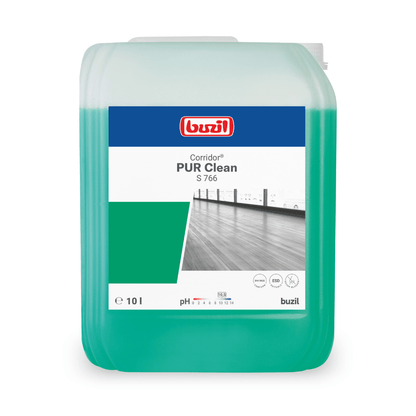 Imagem de um recipiente de 10 litros de Buzil Corridor® PUR Clean S 766 Limpa-chão ultramolhante com bloqueador de odores da BUZIL-WERK Wagner GmbH & Co. KG. O recipiente cheio de líquido verde mostra a etiqueta do produto com informações de medição e pH, bem como uma imagem de um piso de madeira impecável. Ideal para deixar os pisos com um cheiro fresco graças à sua fórmula bloqueadora de odores.