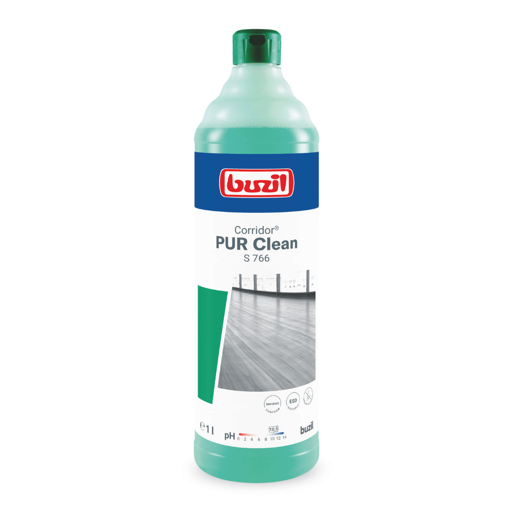 O Buzil Corridor® PUR Clean S 766 Limpa-chão ultramolhante com bloqueador de odores da BUZIL-WERK Wagner GmbH & Co. KG está disponível numa garrafa com design verde-claro, etiqueta azul e logotipo vermelho. Contém 1 litro de produto, ideal para a manutenção de pisos impecáveis, e na embalagem está uma imagem de um chão limpo.