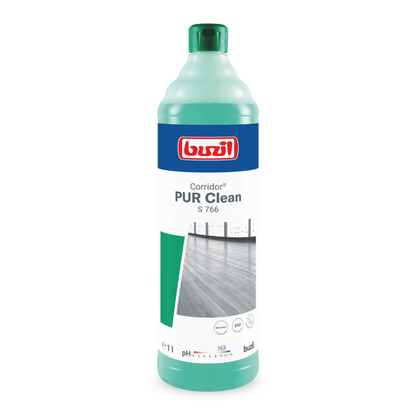 O Buzil Corridor® PUR Clean S 766 Limpa-chão ultramolhante com bloqueador de odores da BUZIL-WERK Wagner GmbH & Co. KG está disponível numa garrafa com design verde-claro, etiqueta azul e logotipo vermelho. Contém 1 litro de produto, ideal para a manutenção de pisos impecáveis, e na embalagem está uma imagem de um chão limpo.