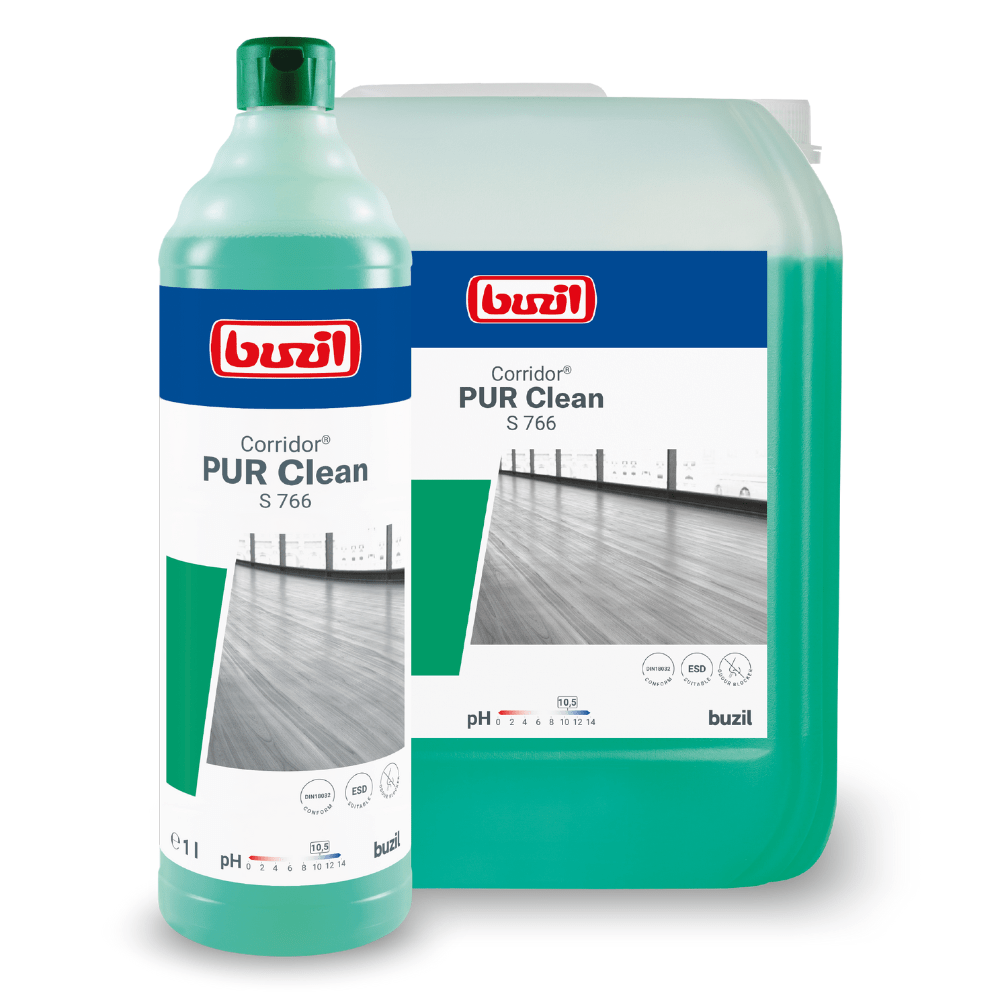 Exibidos estão um grande recipiente e uma garrafa de Buzil Corridor® PUR Clean S 766 Limpa-chão ultramolhante com bloqueador de odores com o líquido verde. As etiquetas mostram uma imagem de um corredor impecavelmente limpo e um texto que destaca este eficaz limpa-chão com bloqueador de odores da BUZIL-WERK Wagner GmbH & Co. KG.
