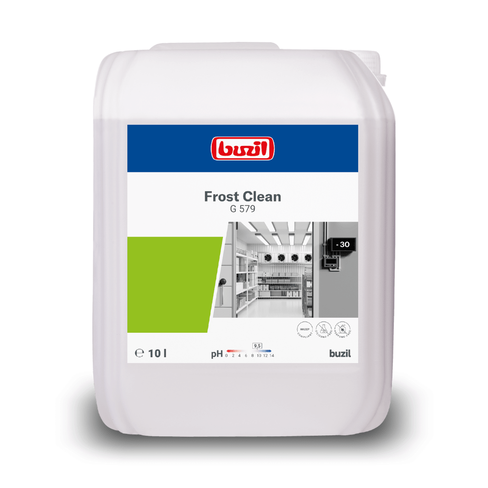 Um recipiente de 10 litros de Buzil Frost Clean G 579 Limpador de Congelador até -30°C da BUZIL-WERK Wagner GmbH & Co. KG, ideal para a indústria alimentar, está etiquetado com o logotipo da Buzil em verde e branco ao lado de uma imagem de cozinha limpa. Contém informações de pH e símbolos que destacam o poder de limpeza eficaz a temperaturas até -30°C.