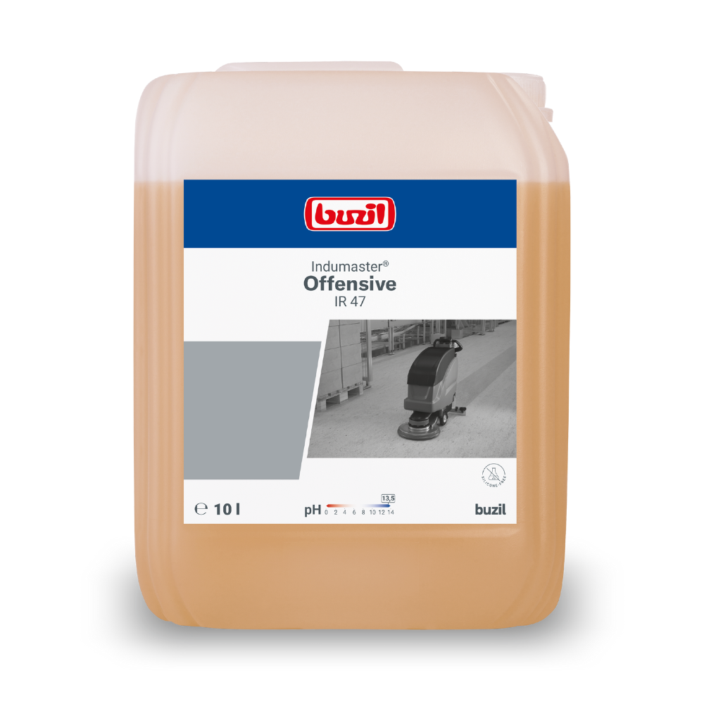 Um recipiente de 10 litros do Buzil Indumaster® Offensive IR 47 Limpeza Industrial Intensiva Altamente Alcalina da BUZIL-WERK Wagner GmbH & Co. KG possui informações detalhadas do produto e uma pequena imagem de uma máquina de limpeza de pisos no rótulo. Este limpador industrial altamente alcalino é fornecido em um recipiente retangular, equipado com uma alça prática na parte superior para transporte.