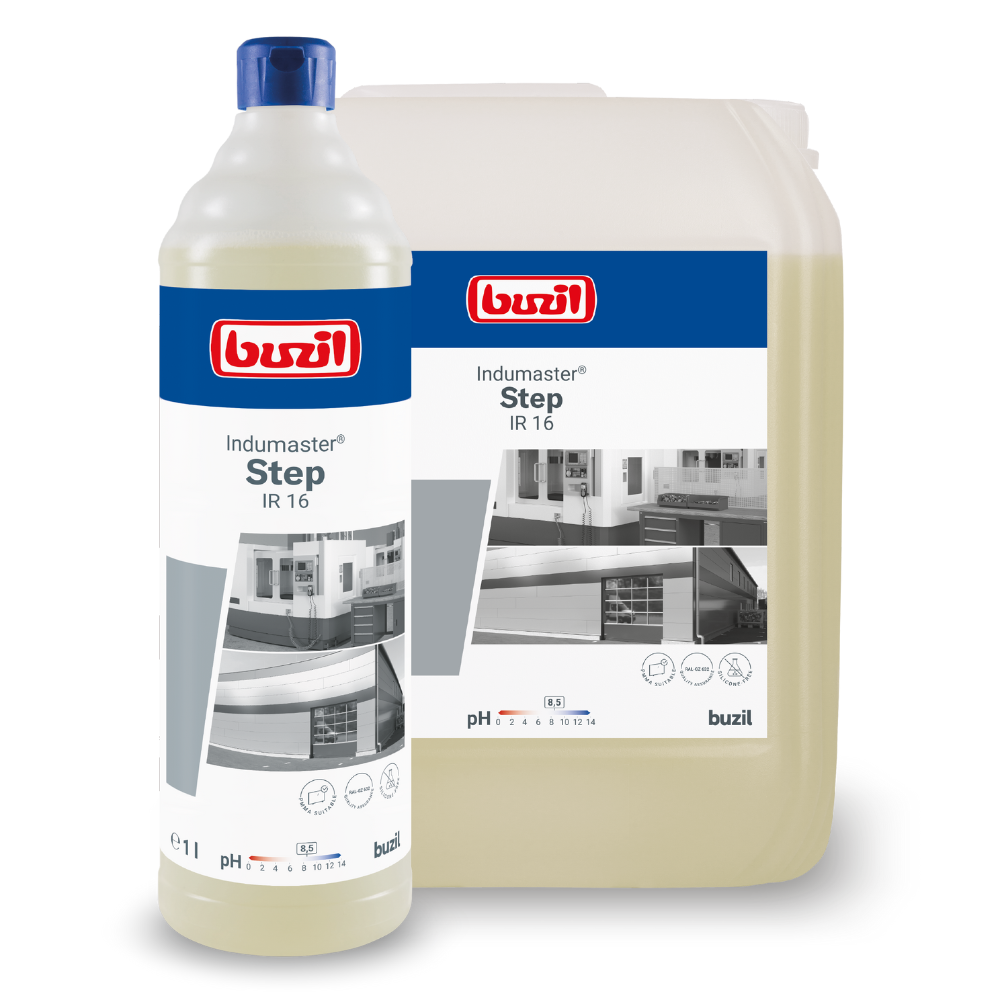 Exibidos estão dois produtos de limpeza: em primeiro plano está uma garrafa alta com tampa azul e a inscrição "Buzil Indumaster® Step IR 16 Limpeza industrial neutra e suave para materiais". Atrás, pode-se ver um recipiente maior com a mesma inscrição. Ambos os recipientes mostram imagens de diferentes superfícies.
