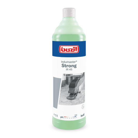 Eine 1-Liter-Flasche Buzil Indumaster® Strong IR 45, ein hochalkalischer Industriebodenreiniger, ideal für alkalibeständige Böden. Das Etikett zeigt ein blau-rotes Design sowie ein Graustufenbild einer Bodenreinigungsmaschine, während die hellgrüne Flüssigkeit im Inneren für eine gründliche Brandschadensanierung sorgt.