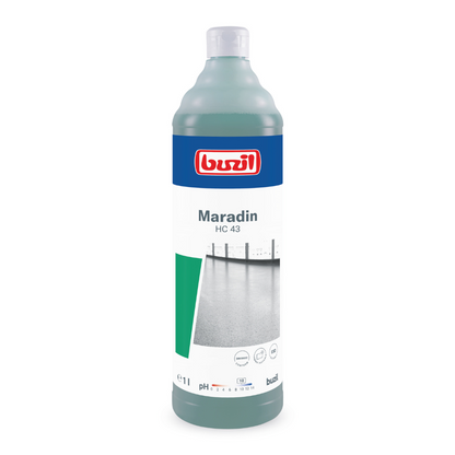 A garrafa de 1 litro Buzil Maradin HC 43 Detergente Intensivo Multiuso de Alta Concentração da BUZIL-WERK Wagner GmbH & Co. KG é ideal para remover manchas de óleo e gordura em superfícies resistentes à água. O rótulo azul-branco-verde exibe uma imagem de fundo e fornece informações sobre o valor de pH do produto, bem como instruções de uso.