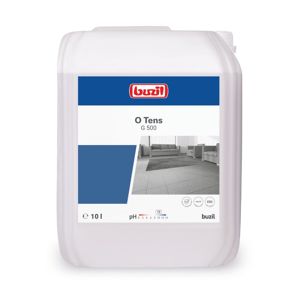 Exibido está um recipiente de 10 litros do Buzil O Tens G 500 Limpador Universal sem Tensídeos à base de Citrato da BUZIL-WERK Wagner GmbH & Co. KG. O rótulo mostra o logotipo da marca, o nome do produto e uma imagem de um piso de azulejos. Destaca a fórmula à base de citrato para superfícies com baixa recontaminação e indica o valor de pH junto com símbolos ecológicos.