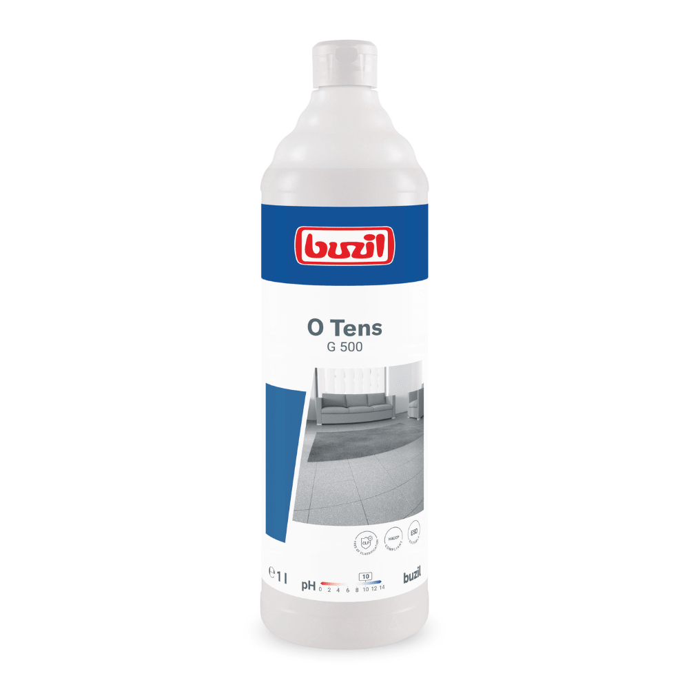Uma garrafa branca com a inscrição "Buzil O Tens G 500 Limpador Universal sem Tensídeos à base de Citrato" da BUZIL-WERK Wagner GmbH & Co. KG destaca-se por um rótulo azul chamativo, um logotipo vermelho e imagens de superfícies com propriedades de baixa recontaminação. Este limpador universal à base de citrato tem uma capacidade de 1 litro e contém símbolos para valor de pH e compatibilidade de materiais.