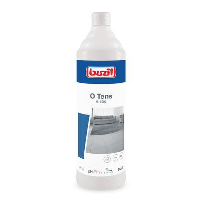 Uma garrafa branca com a inscrição "Buzil O Tens G 500 Limpador Universal sem Tensídeos à base de Citrato" da BUZIL-WERK Wagner GmbH & Co. KG destaca-se por um rótulo azul chamativo, um logotipo vermelho e imagens de superfícies com propriedades de baixa recontaminação. Este limpador universal à base de citrato tem uma capacidade de 1 litro e contém símbolos para valor de pH e compatibilidade de materiais.