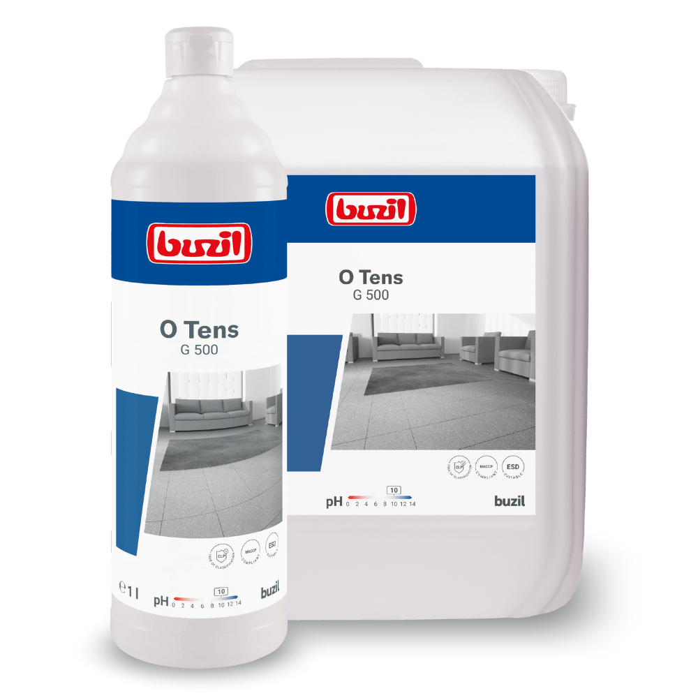 Exibidos estão dois recipientes do Buzil O Tens G 500, um limpador universal à base de citrato da BUZIL-WERK Wagner GmbH & Co. KG. O recipiente maior é um galão, enquanto o menor é uma garrafa. Ambos estão decorados com um símbolo de pH e imagens de pisos limpos, destacando sua fórmula para superfícies resistentes à recontaminação.
