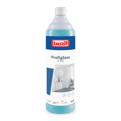 Uma garrafa de 1 litro de Buzil Profiglass G 522 limpador de vidro e superfícies pronto para uso proporciona brilho sem manchas. A garrafa translúcida com o líquido azul tem um rótulo branco com o logotipo da marca BUZIL-WERK Wagner GmbH & Co. KG, o nome do produto, bem como imagens de um espelho de banheiro e uma pia. Isso a torna perfeita para combater resíduos gordurosos.