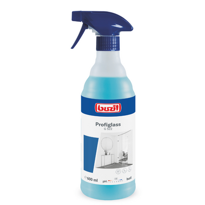 Um frasco spray de 600 ml com limpador de vidro e superfícies pronto para uso Buzil Profiglass G 522 da BUZIL-WERK Wagner GmbH & Co. KG, equipado com um bico spray azul escuro e projetado para a limpeza eficaz de superfícies de vidro, removendo resíduos gordurosos.