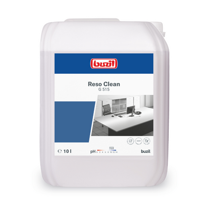 O recipiente de plástico branco possui um rótulo azul com a marca "BUZIL-WERK Wagner GmbH & Co. KG" e o nome do produto "Buzil Reso Clean G 515 Limpeza em Spray Pronto para Uso". Ele comporta 10 litros de líquido e promete brilho sem manchas em superfícies de cozinha, tornando-se ideal como spray de limpeza para resultados impecáveis.