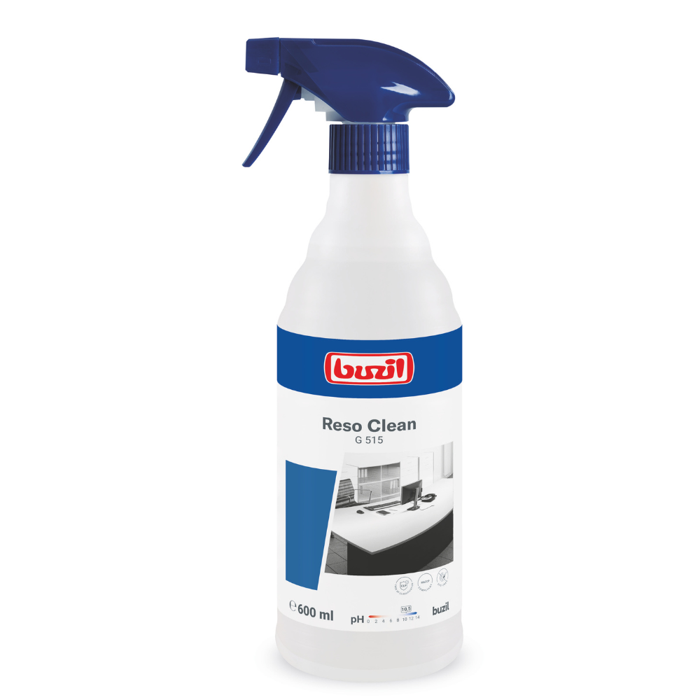 Um frasco de spray de 600 ml Buzil Reso Clean G 515 Limpeza em Spray Pronto para Uso da BUZIL-WERK Wagner GmbH & Co. KG tem um corpo branco com rótulo e tampa azuis, além de um bico pulverizador. Ele proporciona um brilho sem manchas e o rótulo contém uma imagem e informações detalhadas do produto.
