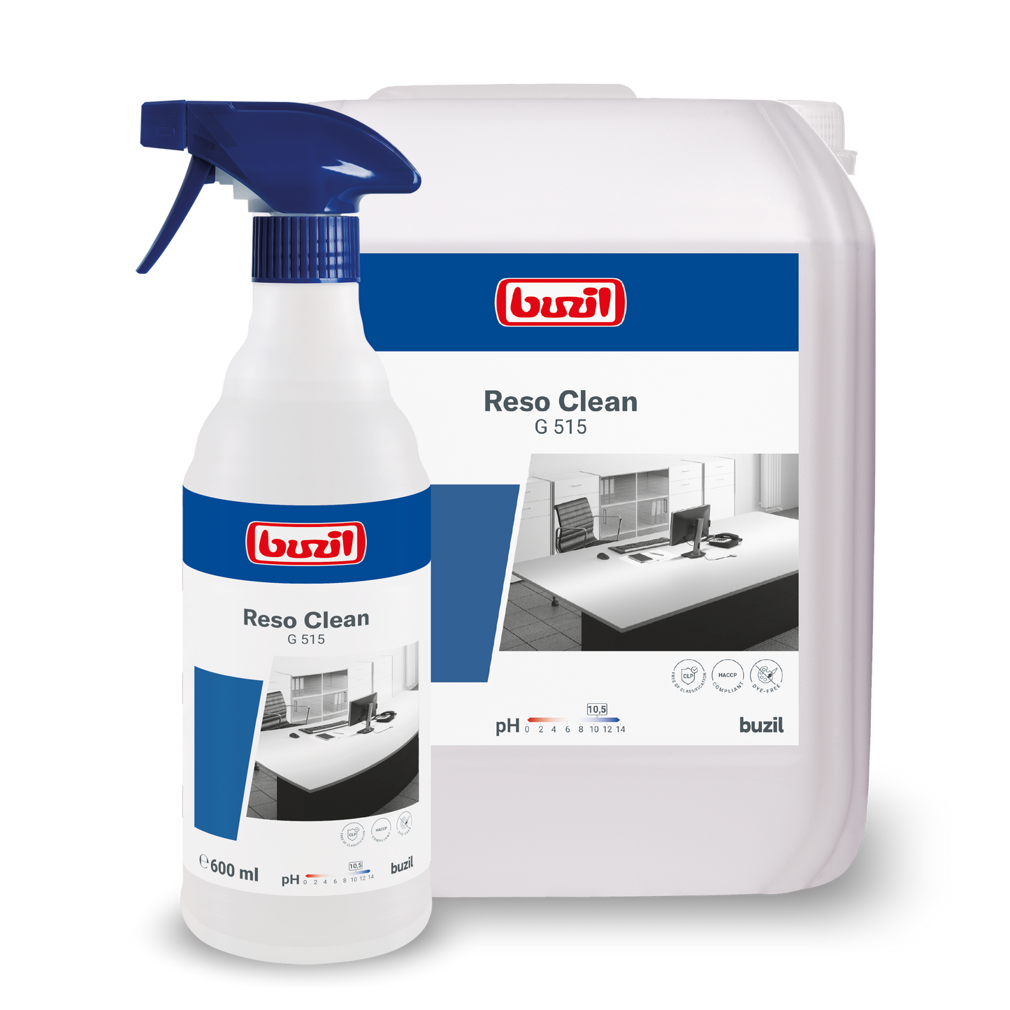 Dois recipientes com Buzil Reso Clean G 515 Limpeza em Spray Pronto para Uso da BUZIL-WERK Wagner GmbH & Co. KG são mostrados e destacam sua poderosa limpeza. O menor é um frasco de spray e o maior é um recipiente de recarga. Ambos têm rótulos azuis com detalhes do produto e branding para um brilho sem manchas.