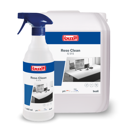 Dois recipientes com Buzil Reso Clean G 515 Limpeza em Spray Pronto para Uso da BUZIL-WERK Wagner GmbH & Co. KG são mostrados e destacam sua poderosa limpeza. O menor é um frasco de spray e o maior é um recipiente de recarga. Ambos têm rótulos azuis com detalhes do produto e branding para um brilho sem manchas.