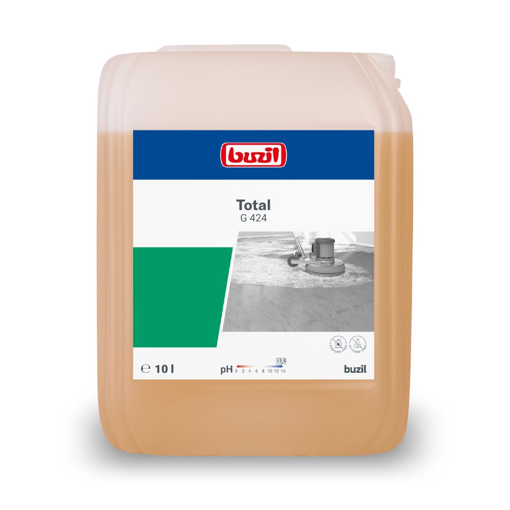 Ein 10-Liter-Behälter Buzil Total G 424 Hochalkalischer Grundreiniger von BUZIL-WERK Wagner GmbH & Co. KG, perfekt für den gewerblichen Einsatz. Diese beige, hochalkalische Flüssigkeit ist auf dem Etikett mit der Grafik einer Bodenreinigungsmaschine abgebildet und verfügt über einen praktischen Tragegriff an der Oberseite zum einfachen Tragen.