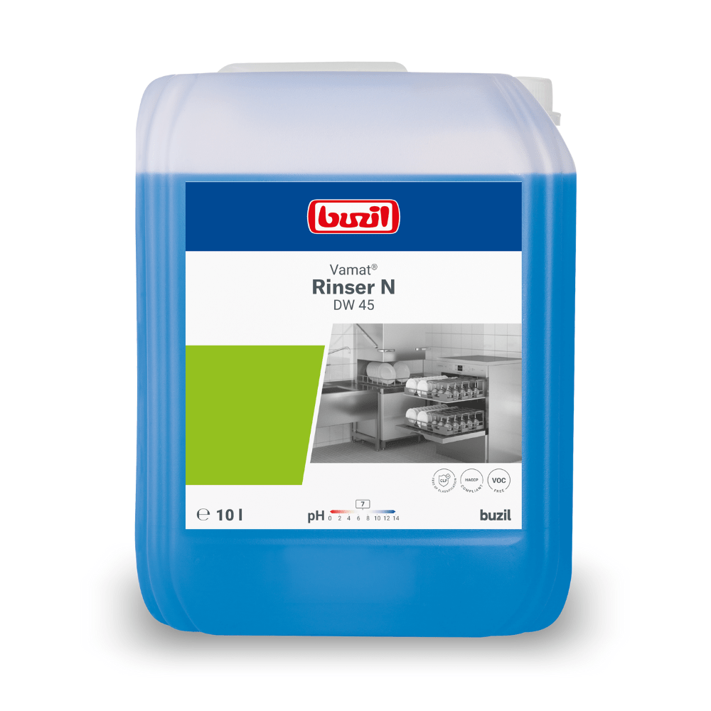 Um recipiente de 10 litros de Buzil Vamat® Rinser N DW 45 Klarspüler, neutro, da BUZIL-WERK Wagner GmbH & Co. KG é um agente de brilho para lavagem de louça ecológico. O recipiente azul com etiqueta branca e verde mostra a imagem de uma cozinha industrial com máquinas de lavar louça, sendo assim perfeito para lavagem altamente concentrada em máquinas de lavar louça.