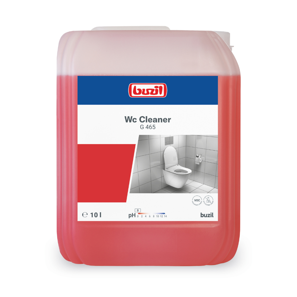Um grande recipiente de 10 litros com Buzil WC Cleaner G 465 Viscoso Limpador Sanitário Básico da BUZIL-WERK Wagner GmbH & Co. KG contém um líquido vermelho que é perfeito para remover calcário e incrustações de urina. O rótulo contém o nome do produto, uma descrição, informações de pH e uma imagem em tons de cinza de um vaso sanitário.