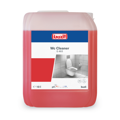 Um grande recipiente de 10 litros com Buzil WC Cleaner G 465 Viscoso Limpador Sanitário Básico da BUZIL-WERK Wagner GmbH & Co. KG contém um líquido vermelho que é perfeito para remover calcário e incrustações de urina. O rótulo contém o nome do produto, uma descrição, informações de pH e uma imagem em tons de cinza de um vaso sanitário.
