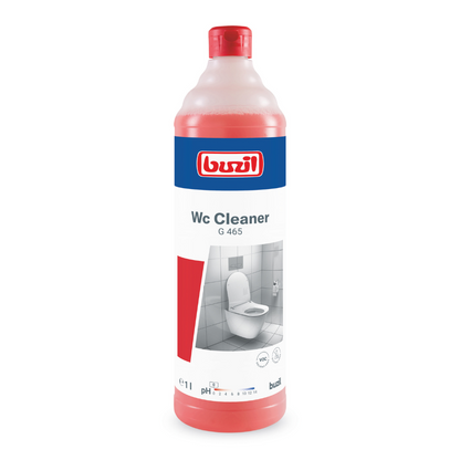 Uma garrafa de Buzil WC Cleaner G 465 Viscoso Limpador Sanitário Básico, fabricada pela BUZIL-WERK Wagner GmbH & Co. KG, é projetada para a remoção eficaz de calcário e incrustações de urina. A garrafa vermelha possui um rótulo azul-branco brilhante com uma imagem de vaso sanitário, bem como o nome da marca e texto do produto, e está fechada com uma tampa vermelha correspondente.