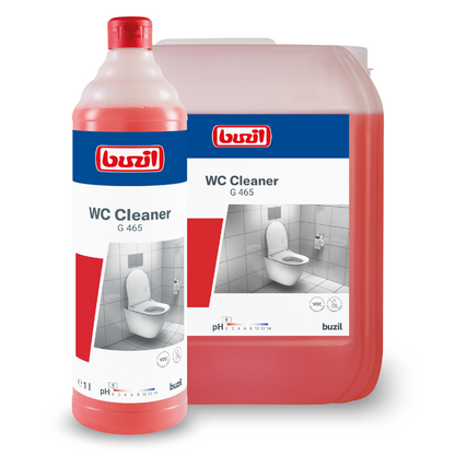 Expostos estão dois recipientes com Buzil WC Cleaner G 465 Viscoso Limpador Sanitário Básico da BUZIL-WERK Wagner GmbH & Co. KG; uma garrafa menor está à frente de um jarro maior. Ambos os recipientes contêm um líquido vermelho e estão rotulados com uma imagem de vaso sanitário, o nome do produto G 465 e informações de pH. Este limpador sanitário viscoso é excelente para a remoção de calcário e incrustações de urina em sanitários.