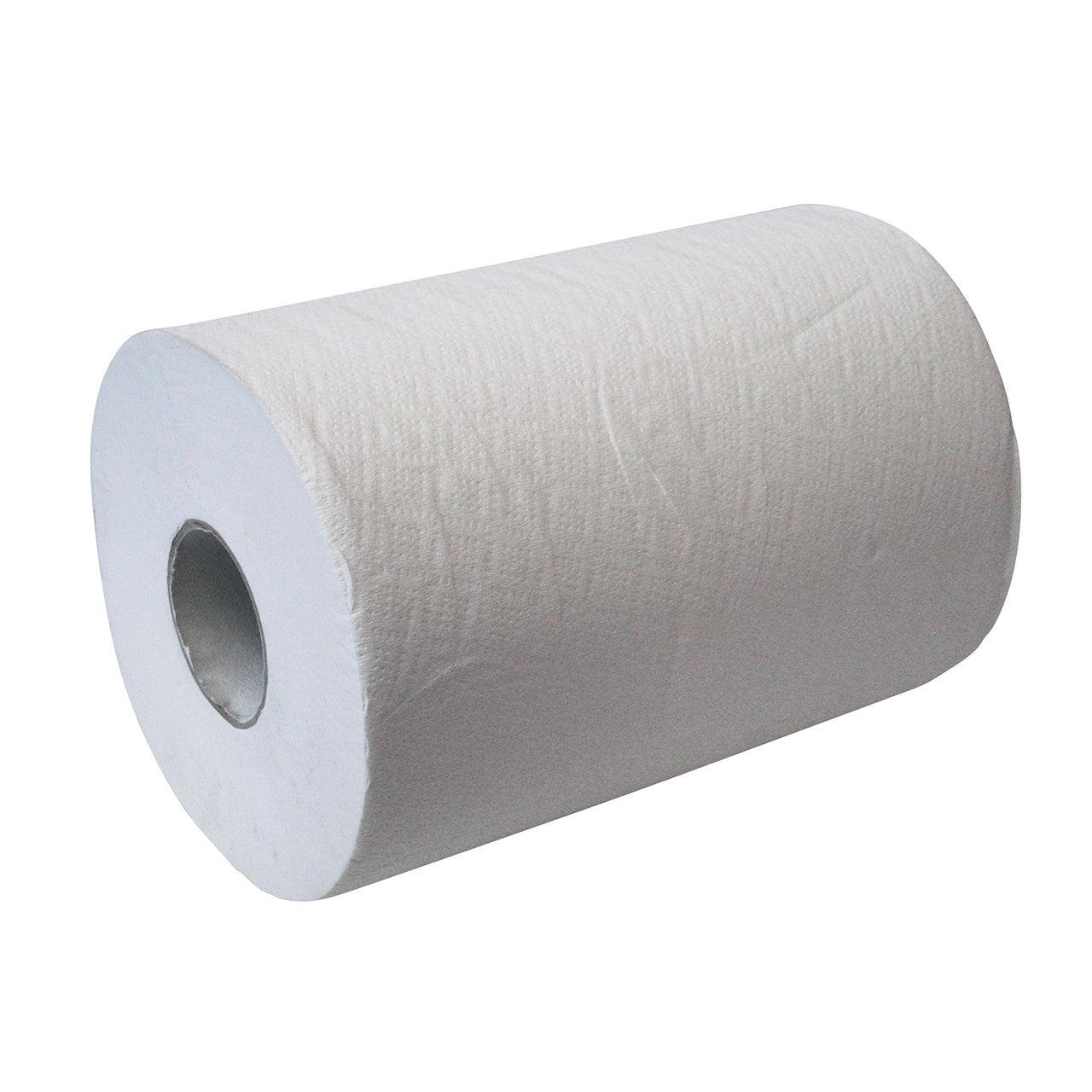 Os rolos de toalhas de papel CWS 2 camadas, branco brilhante não perfurados da CWS têm um núcleo de papelão cinza visível e são ideais para a secagem higiênica das mãos, apresentados sobre um fundo branco simples.