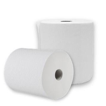 Dois rolos de toalhas de papel CWS 2 camadas, branco brilhante não perfurados estão ilustrados sobre um fundo branco - um em pé, outro deitado - mostrando sua forma cilíndrica e sua adequação para a secagem higiênica das mãos.