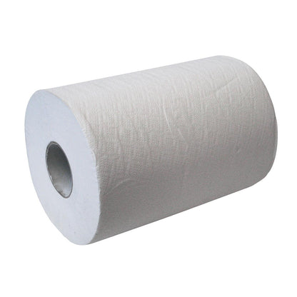 Um grande rolo de toalha de papel CWS branco de 3 camadas, não perfurado, com uma manga de papelão visível no meio, mostrado contra um fundo branco simples.