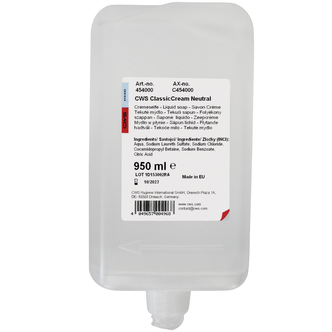 CWS Creme de Sabão 950 ml da CWS é um saco de recarga com saída inferior. O rótulo na frente oferece informações sobre o produto, instruções e ingredientes em várias línguas para uma sensação agradável na pele.