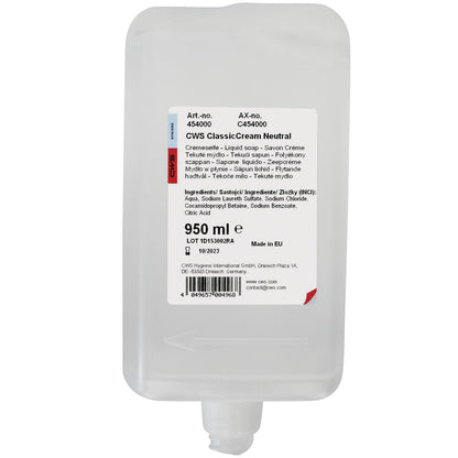 CWS Creme de Sabão 950 ml da CWS é um saco de recarga com saída inferior. O rótulo na frente oferece informações sobre o produto, instruções e ingredientes em várias línguas para uma sensação agradável na pele.
