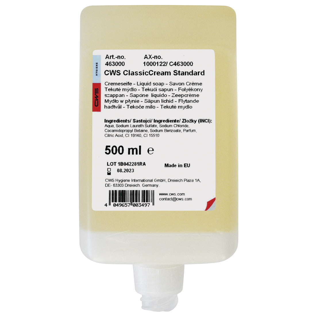 Um frasco dispensador padrão de creme de sabão CWS transparente de 500 ml com uma tampa branca na parte inferior e um rótulo multilíngue com detalhes do produto, ingredientes e informações de contato. Marca: CWS.
