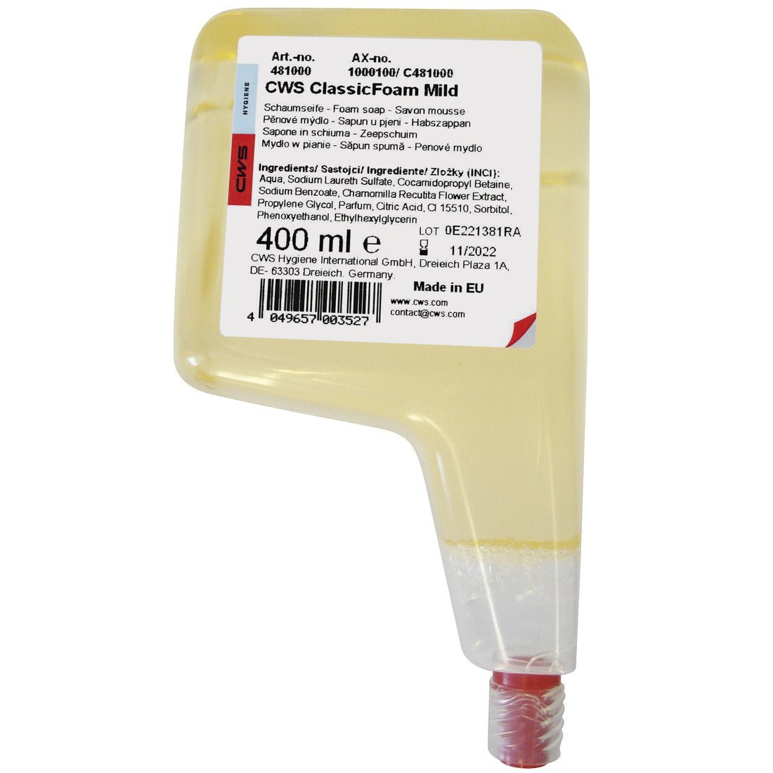 Um recipiente recarregável de 400 ml em plástico transparente para espuma de sabão concentrada padrão CWS com uma tampa inferior vermelha. O rótulo multilíngue fornece informações sobre os ingredientes e informações do produto. Marca: CWS.