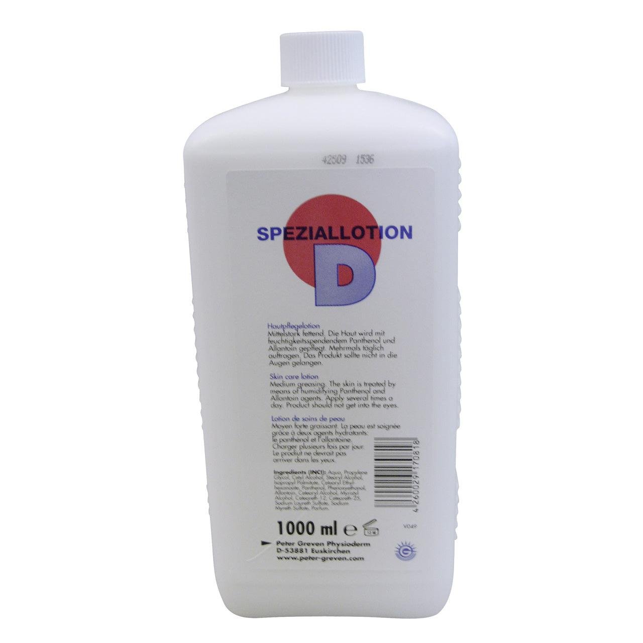 Uma garrafa branca de 1000 ml de loção de lavagem CWS sem cloro está em pé. A etiqueta na frente mostra um círculo vermelho com um "D" azul e contém texto em alemão, inglês e francês sobre limpeza higiênica das mãos.